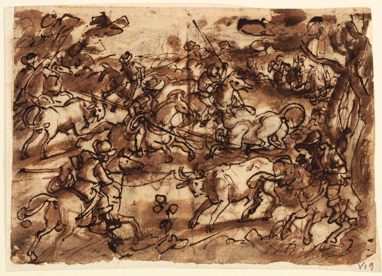 Recto: Tyrejagt med lassos; Verso, ovenfor: Bjørnejagt af Men in Armor; Verso, nedenfor: Jagt aber ved bedrag; alle foreløbige designs til Venationes-serien af Jan van der Straet, called Stradanus