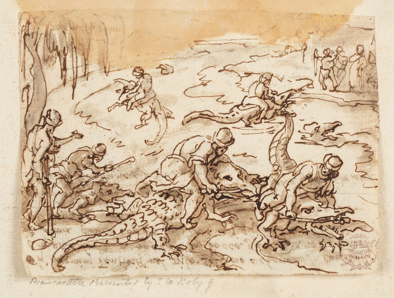 Recto: Krokodillejagt i Tentyra, i Egypten; Verso: inskription vedrørende Plinius den ældres naturhistorie, bog 7, kap. 38 af Jan van der Straet, called Stradanus