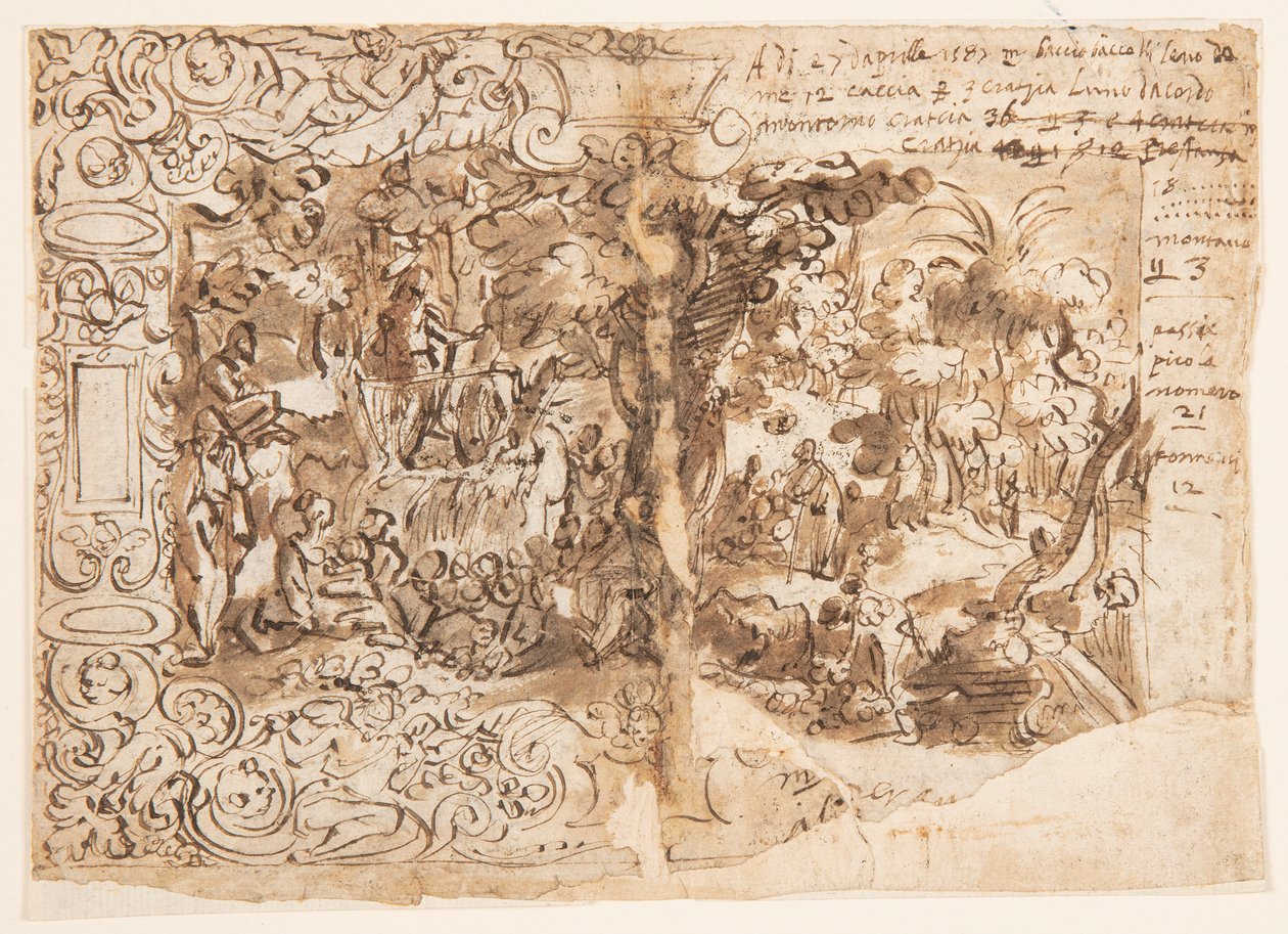 Recto: Tapetdesign med Johannes Døberens prædiken (eller Kristus blandt tilskuerne); Verso: inskription af Jan van der Straet, called Stradanus