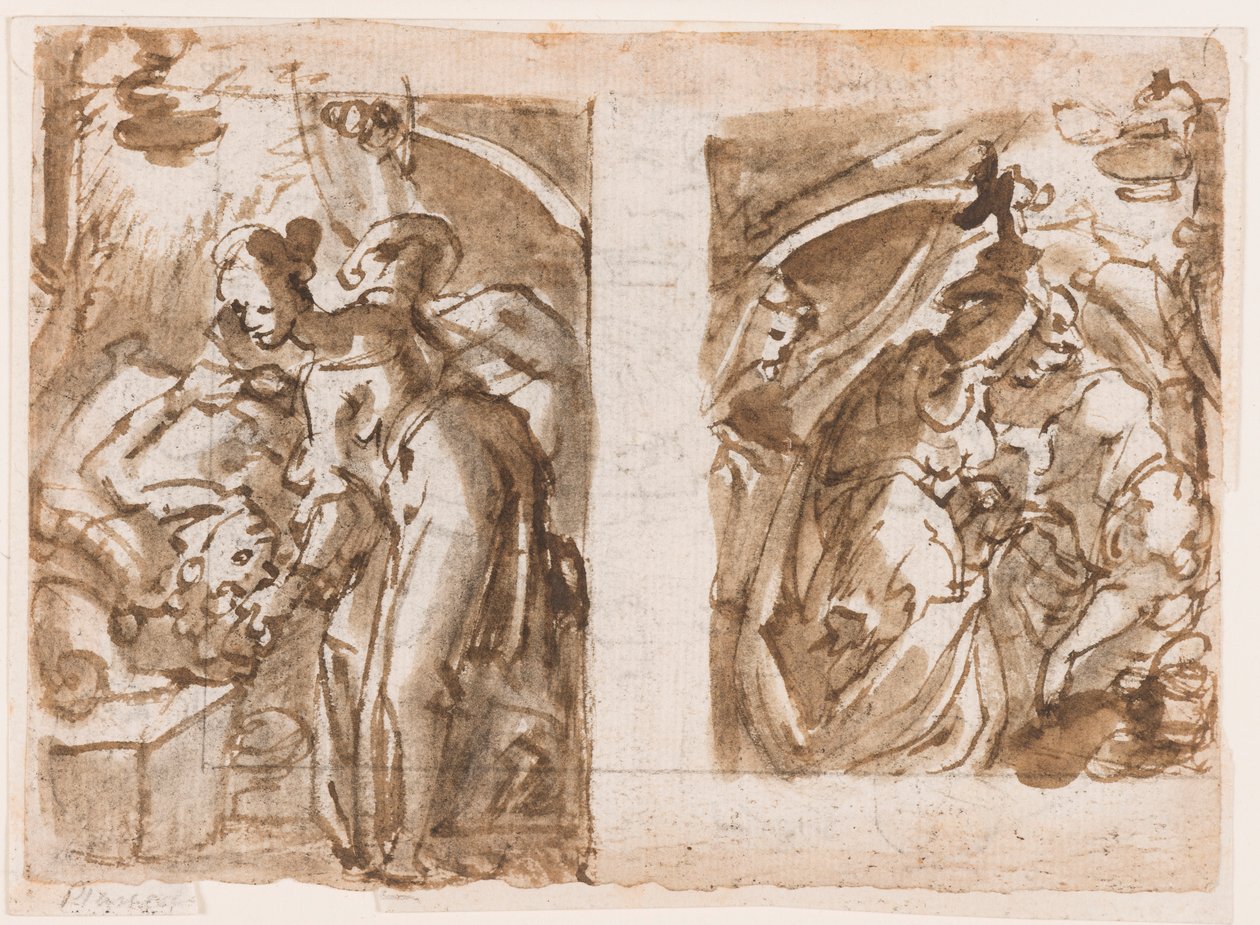 Rekto: To visninger af Judith, der dræber Holofernes; Bagside: Springvand i Fiesole af Jan van der Straet, called Stradanus