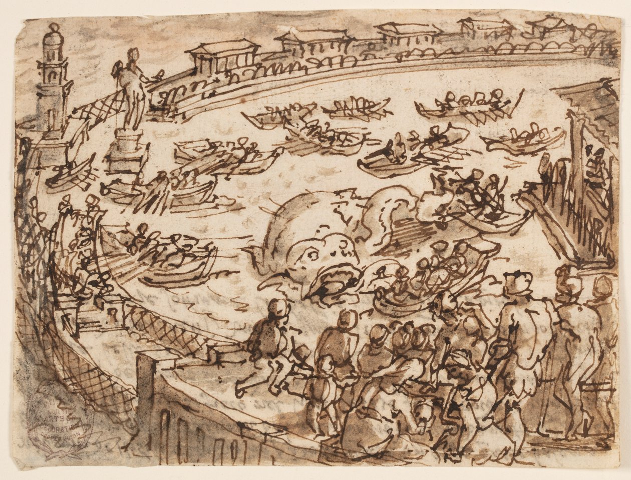 Recto: Hvaljagt af kejser Claudius i havnen i Ostia; Verso: inskription vedrørende Plinius den ældres naturhistorie, bog 9, kap. 5 af Jan van der Straet, called Stradanus