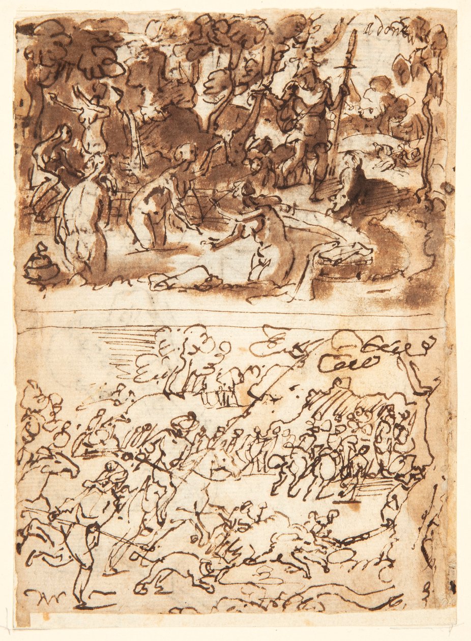 Recto, ovenfor: Diana og Actaeon; Recto, nedenfor: Ornejagt; Verso, ovenfor: undersøgelser af to mandlige hoveder; Verso, nedenfor: Møde mellem Anna og Joachim ved Den Gyldne Port, Kristus-barnets omskæring af Jan van der Straet, called Stradanus
