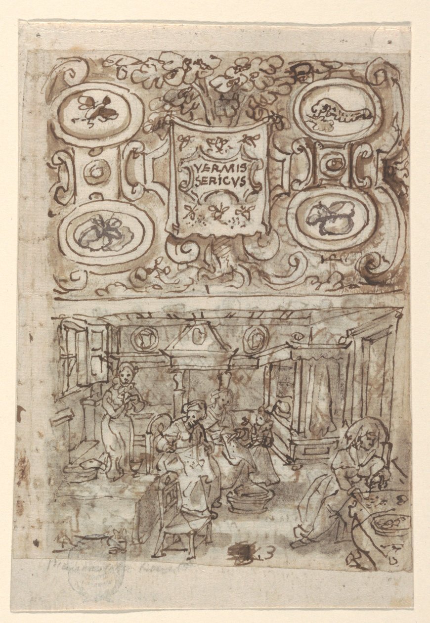 Recto, ovenfor: Foreløbigt design til titelblad til Vermis Sericus ("Silkeormens introduktion") printserie; Recto, nedenfor: Foreløbig design for pl. 3 (Inkubationen af Silkeormeæg); Verso, ovenfor: Ufuldstændigt foreløbigt design til titelside til af Jan van der Straet, called Stradanus