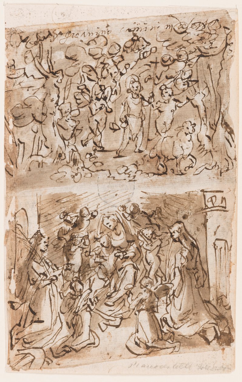Recto, ovenfor: Unge St. Johannes Døberen guidet af Engle i ørkenen; Recto, nedenfor: Sacra Conversazione med Sts. Barbara og Catherine; Verso, ovenfor: Cruxifiction; Verso, nedenfor: Kristus helbreder lammede nær Bethesda-dammen af Jan van der Straet, called Stradanus
