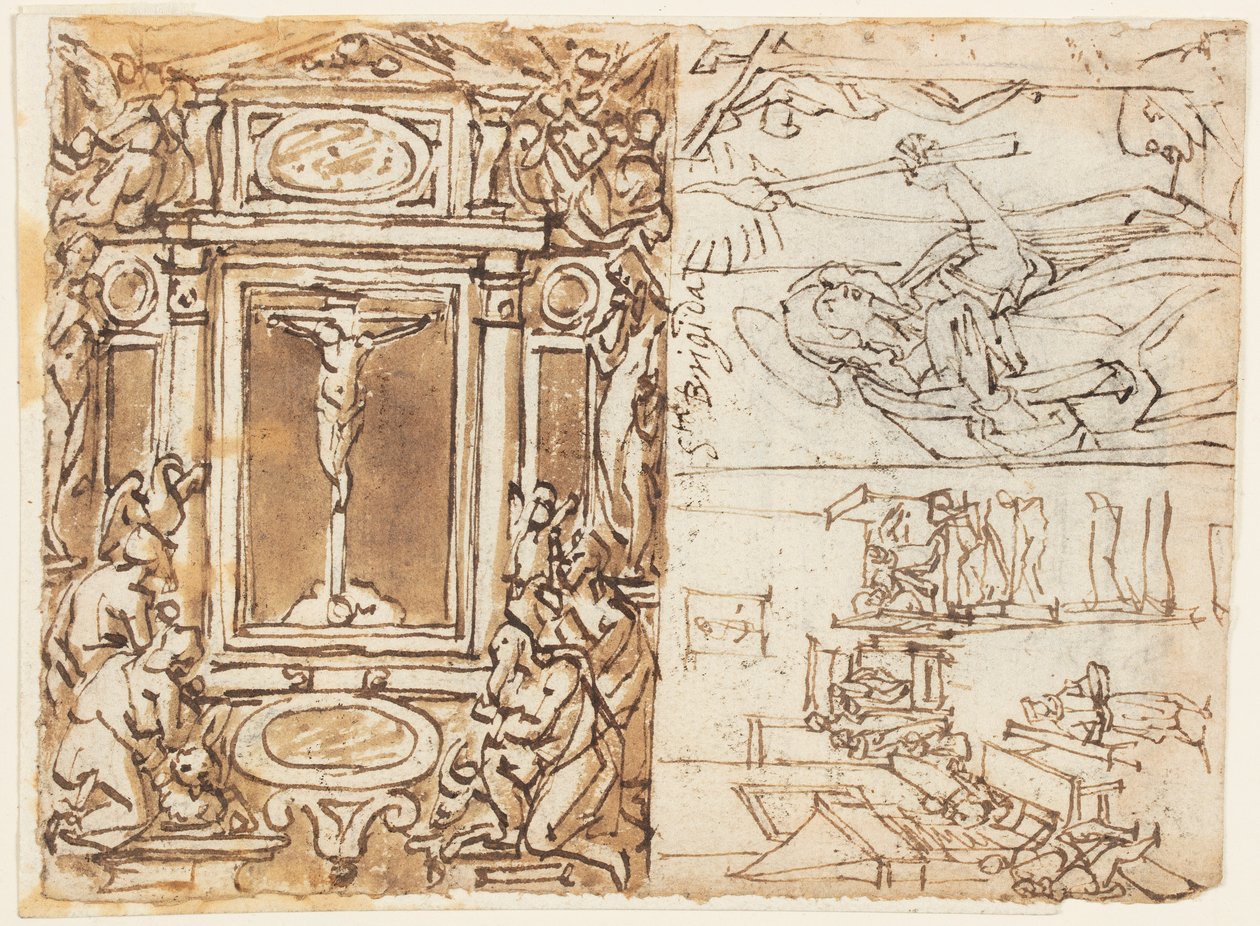 Skitsebog Side; Monument over Marcus Aurelius Antonius med søn; Studie til en gravering af Jan van der Straet, called Stradanus