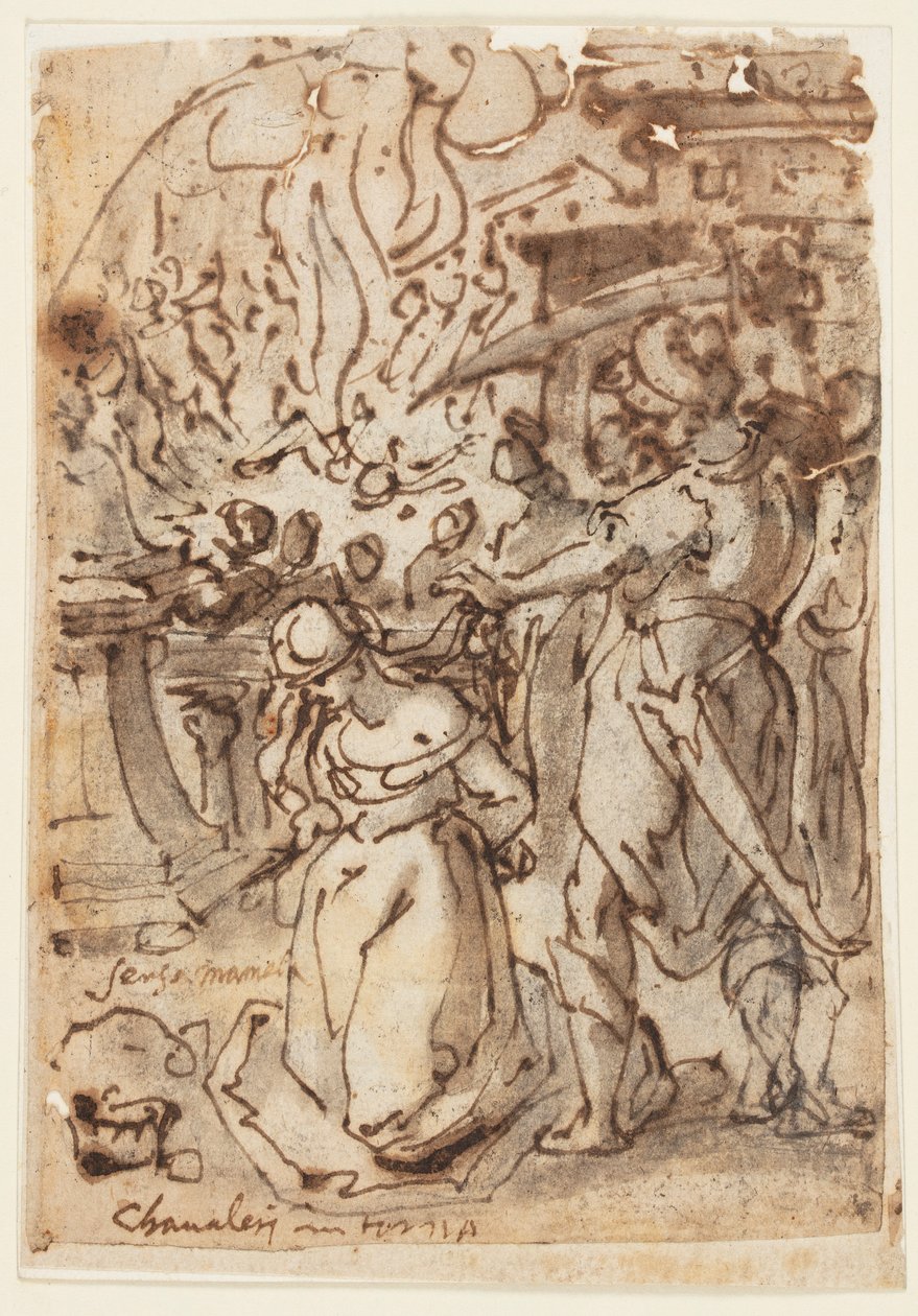 Skitsebogsside med halshugning af en kvindelig martyr af Jan van der Straet, called Stradanus
