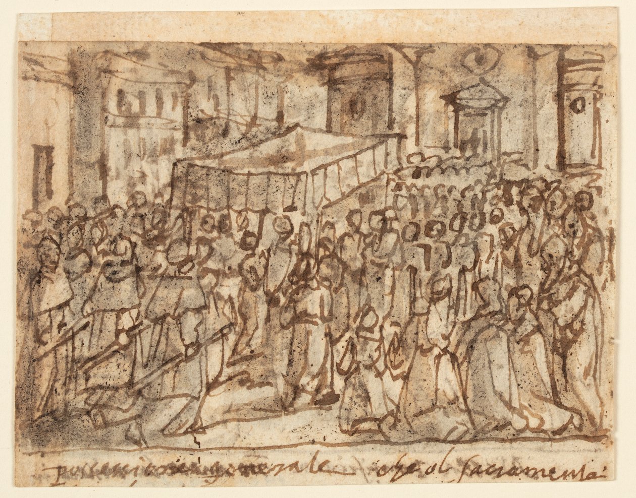 Skitsebogsside med procession med værten og pavelig messe af Jan van der Straet, called Stradanus