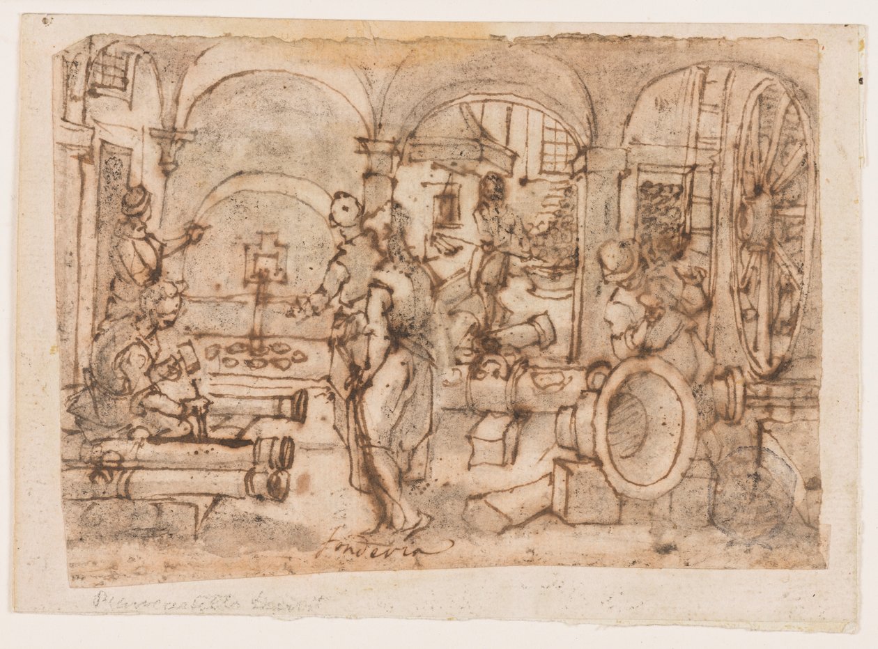 The Invention of Gunpowder, design til "Pulvis Pyrius", pl. 3 i Nova Reperta-serien (New Inventions of Modern Times). af Jan van der Straet, called Stradanus