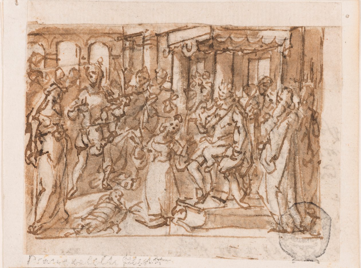 The Judgment of Salomon, foreløbig design til "Spiritus Sapientiae" (Visdommens ånd), plade 1 i printserien "Helligåndens syv gaver" af Jan van der Straet, called Stradanus