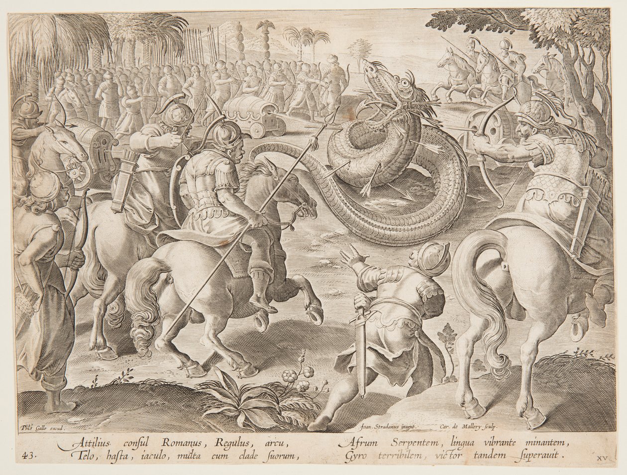 Den romerske konsul Attilius Regulus kæmper mod en kæmpe afrikansk slange, plade 25 i Wild Hunts-serien af Jan van der Straet, called Stradanus