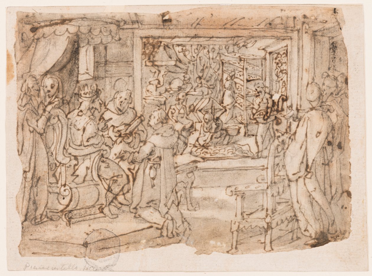 Introduktionen af silkeormen ved kejser Justinians hof, design til "Ser, sive sericus vermis," plade 8 i Nova Reperta (New Inventions of Modern Times) printserien af Jan van der Straet, called Stradanus