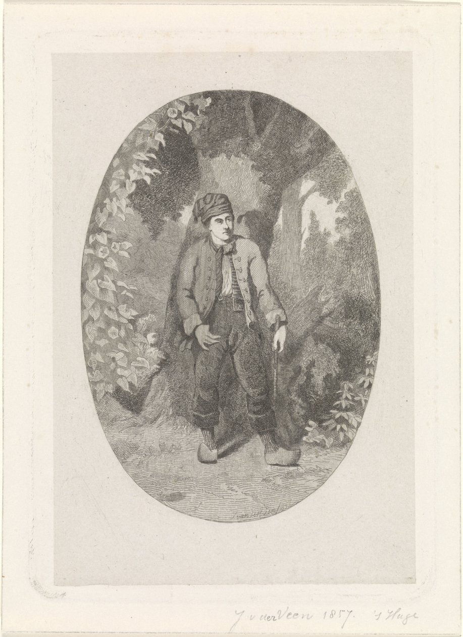 Mand ved et træ i en skov af Jan van der Veen (prentmaker)