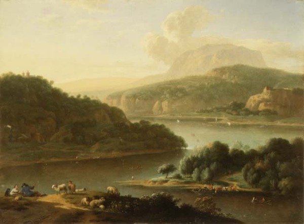 Et flodlandskab med hyrde og bondekone i forgrunden af Jan van der the Younger Meer