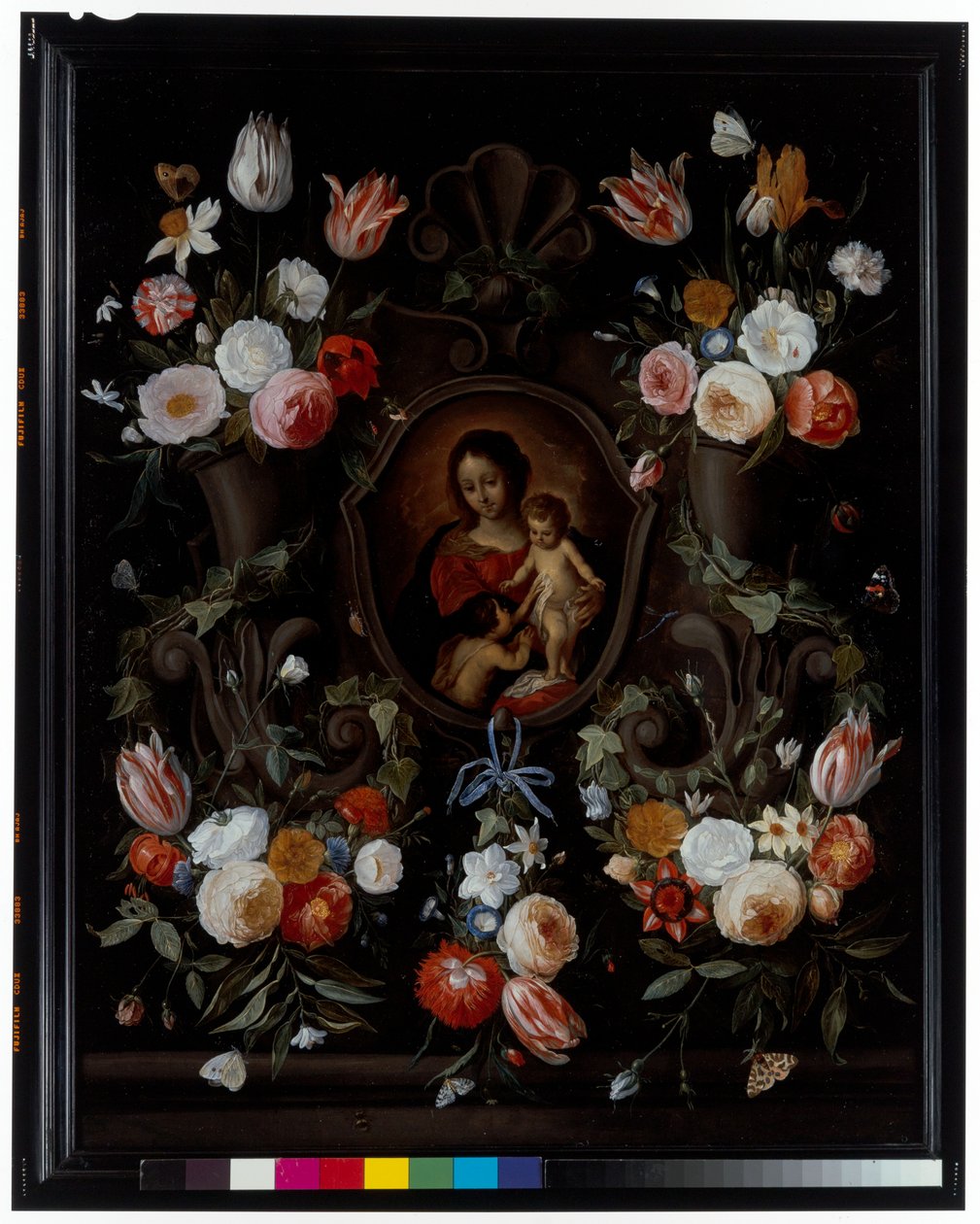 En stenkartouche prydet med blomster og sommerfugle af Jan van the Elder Kessel