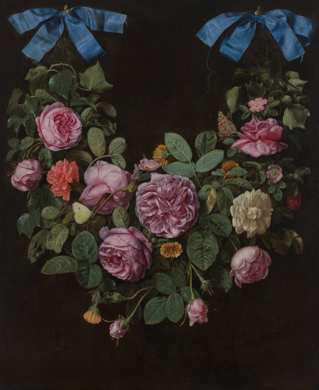 Et bundt roser ophængt i blå bånd (olie på lærred) af Jan van the Elder Kessel