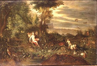 En allegori om vand: en havnymfe ved en rørfyldt kyst med fisk, skaller og fugle i nærheden, Amphitrites triumf bagved af Jan van the Elder Kessel