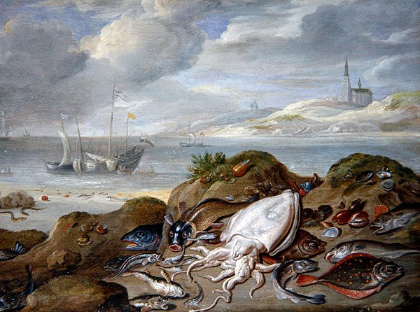 Et landskab ved en flodmunding med fisk på en klit (olie på kobber) af Jan van the Elder Kessel