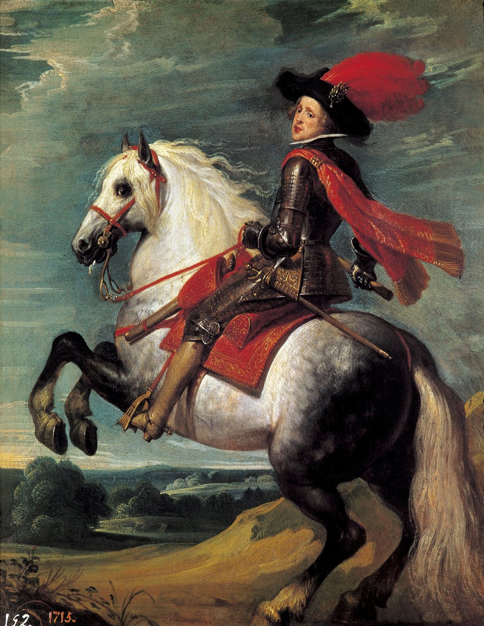Rytterportræt af Philip IV. Filip IV (1605-1665), konge af Spanien repræsenteret i en alder af 20. Maleri af Jan van Kessel I dit Le Vieux (1626-1679) af Jan van the Elder Kessel
