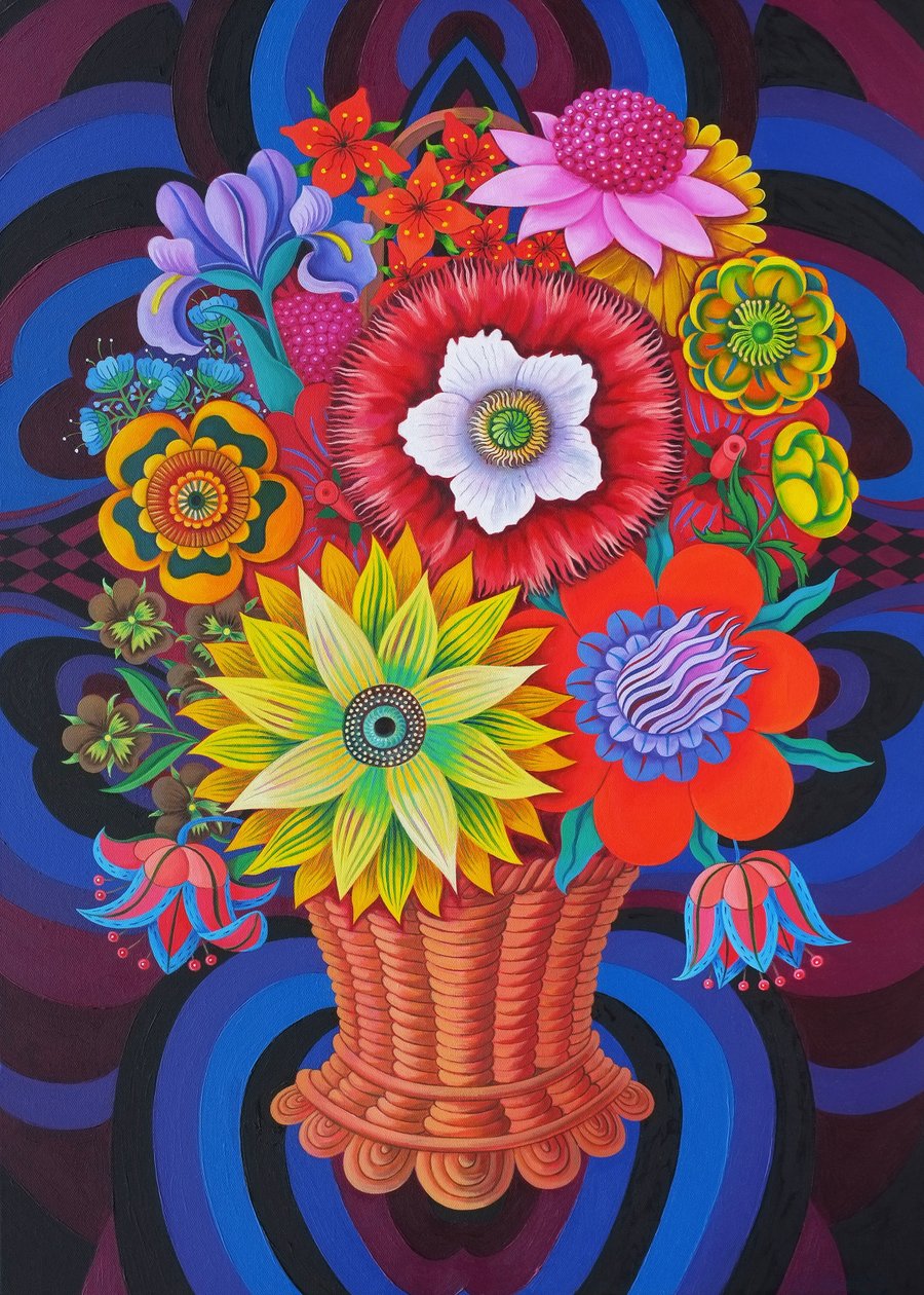 Blomstrer i en kurv, 2013, af Jane Tattersfield