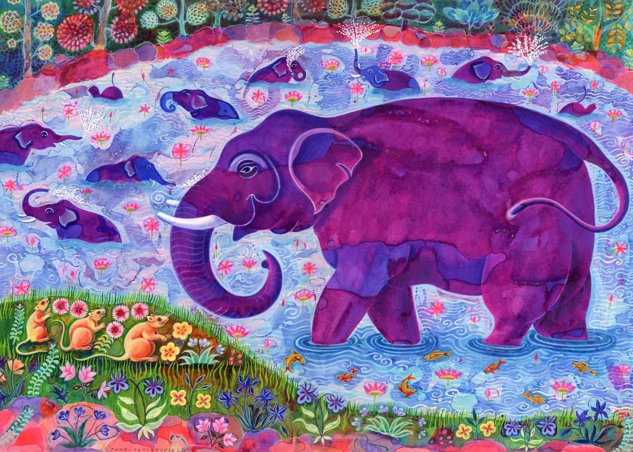 Elefant og mus, 1998, (blæk og gouache) af Jane Tattersfield