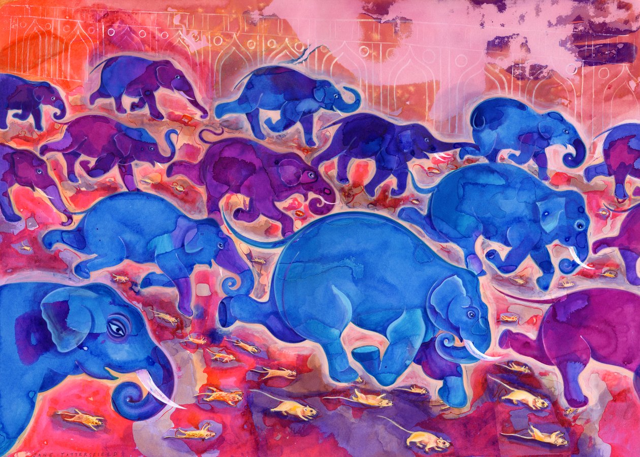 Elephants, 1998, (blæk og gouache) af Jane Tattersfield