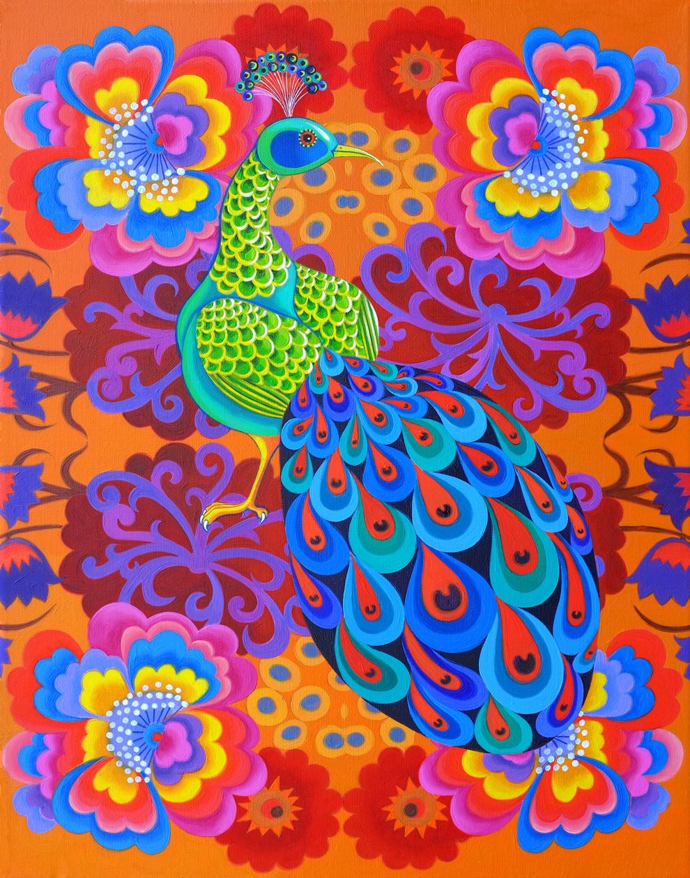 Påfugl med blomster, 2015, af Jane Tattersfield