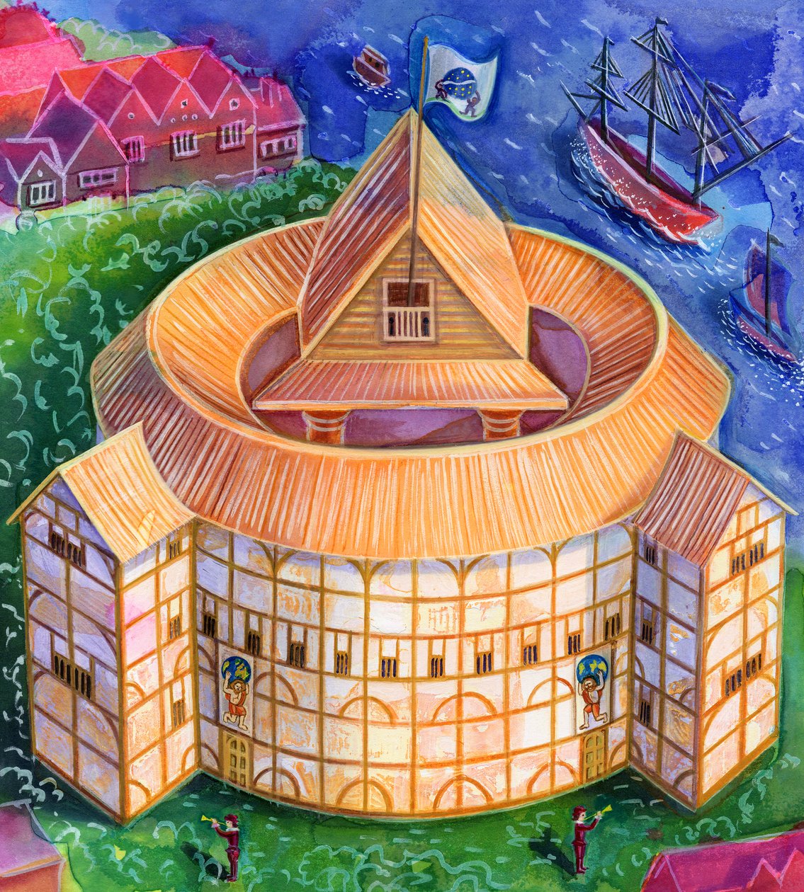 Shakespeares Globe Theatre, 2006, (blæk og gouache) af Jane Tattersfield