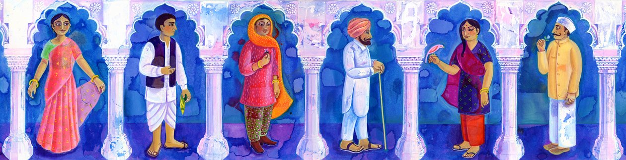 Traditionelt indisk tøj, 1998, (blæk og gouache) af Jane Tattersfield