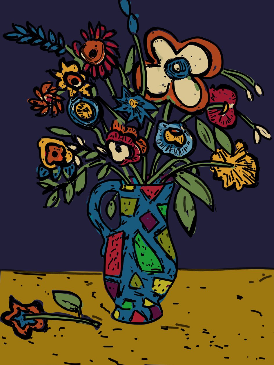 Blomster i en højtøjskande, 2012 (genfarvet i photoshop fra original lino-snit) af Jane Willingale