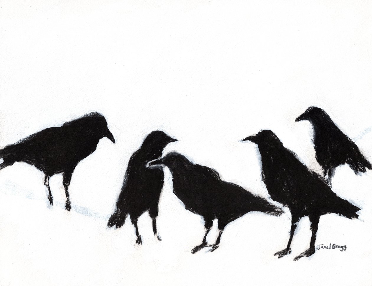A Murder of Crows, ca. 2019 (kul og gesso på papir) af Janel Bragg