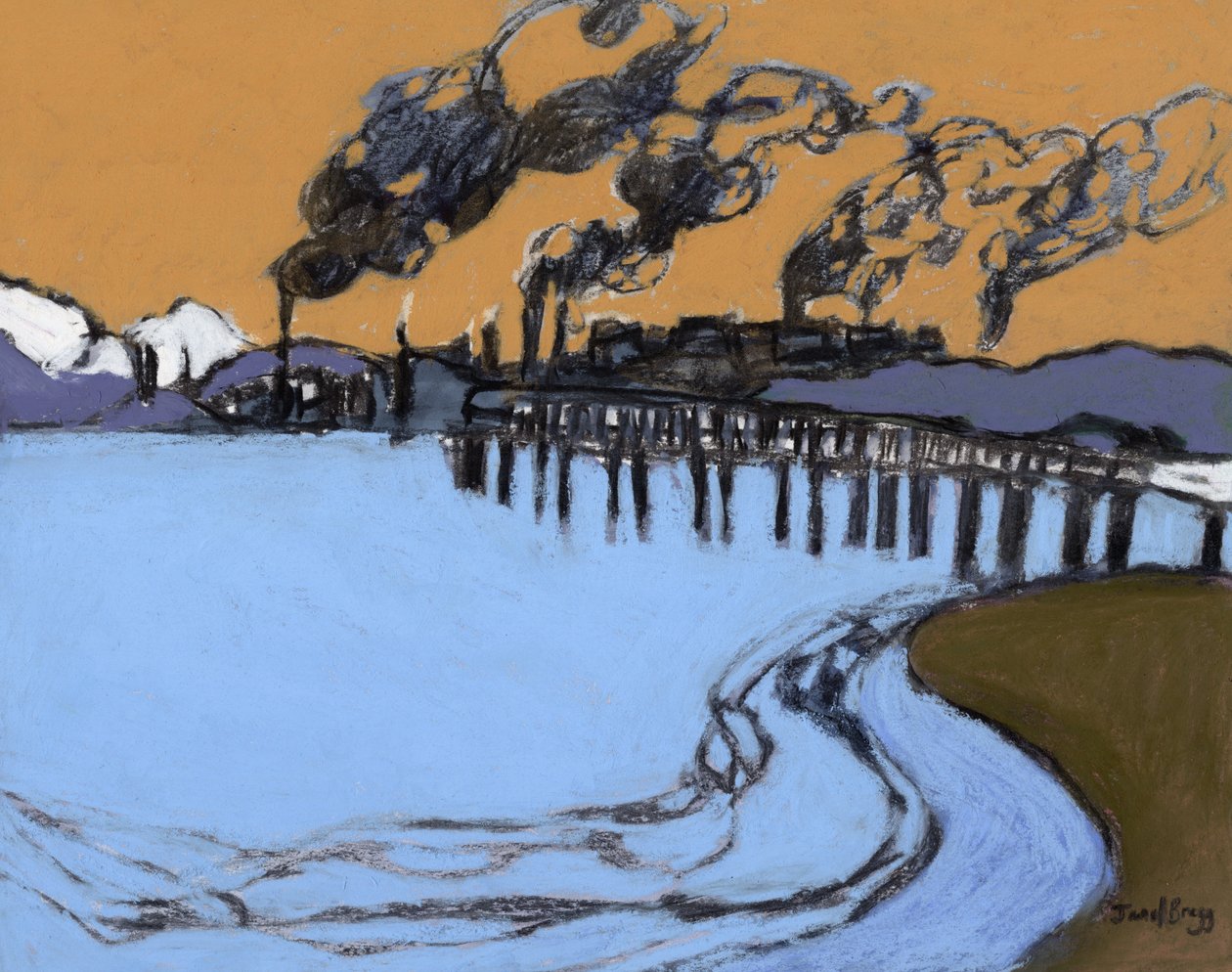 Anacortes Smokeshow, ca. 2024 (kul, akvarel og kasein på papir) af Janel Bragg