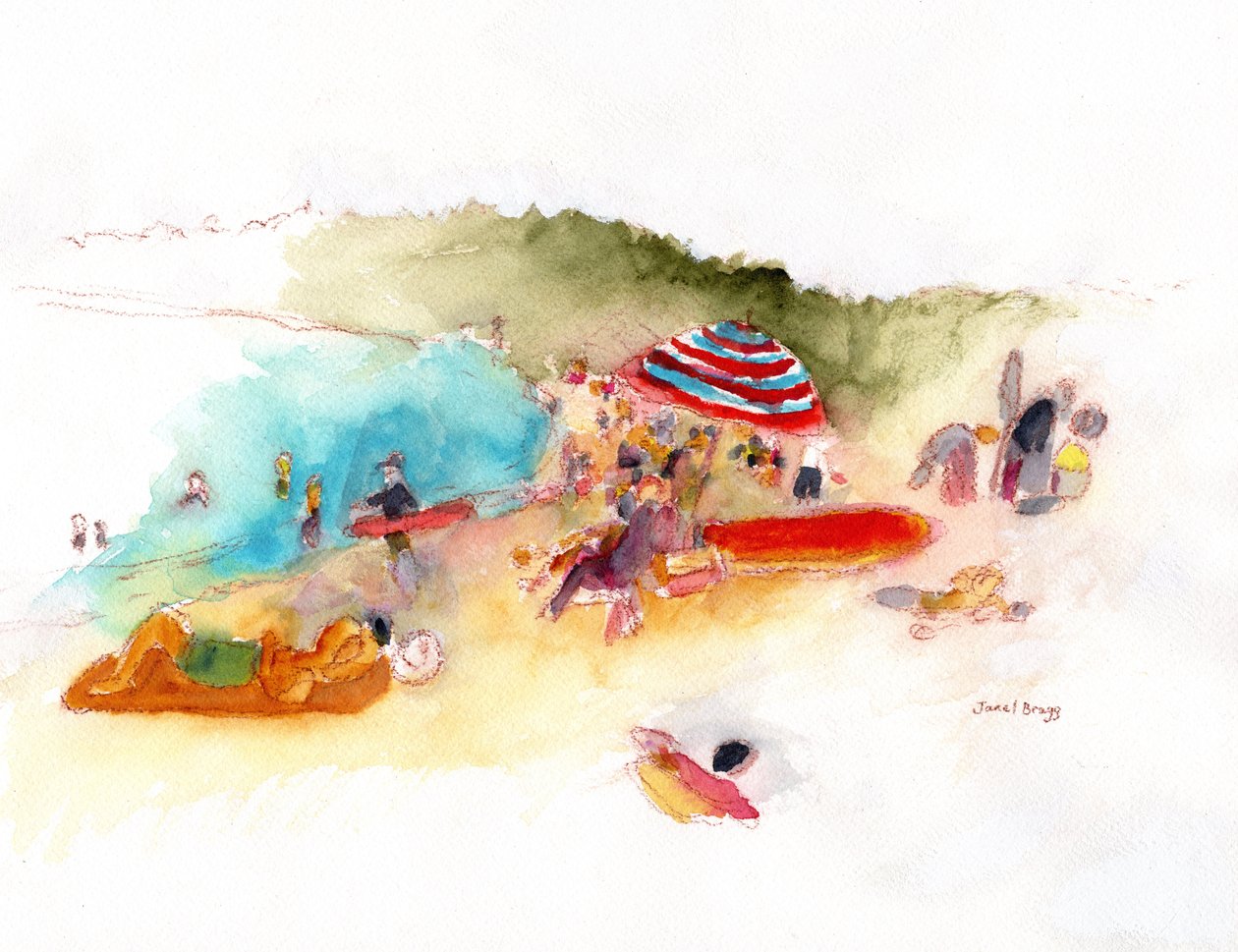 Beach Sunbathers and Surfers at Hanalei Bay, ca. 2019 (akvarel og blyant på papir) af Janel Bragg