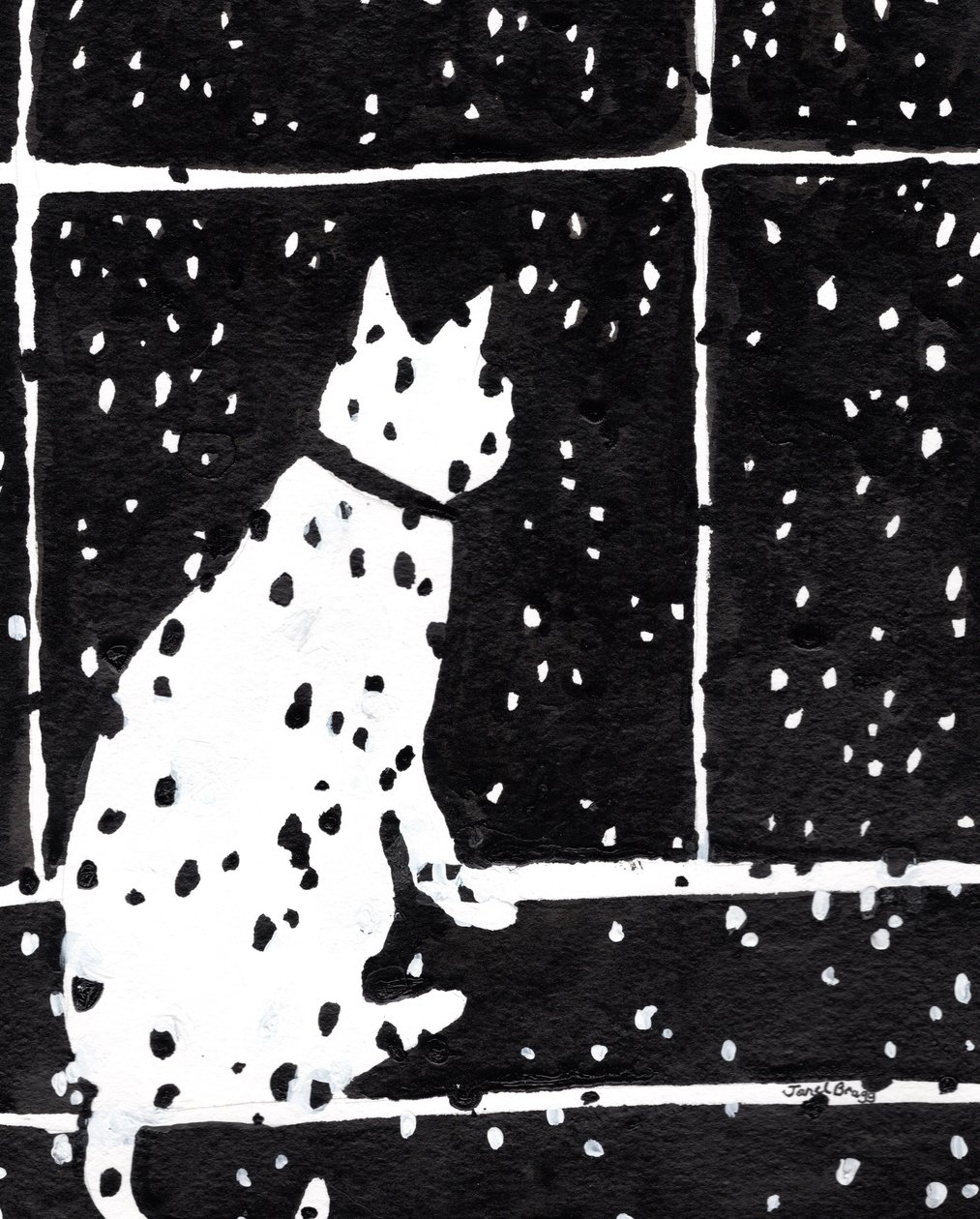 Cat in Window Durning Snow Storm, ca. 2019 (blæk på papir) af Janel Bragg