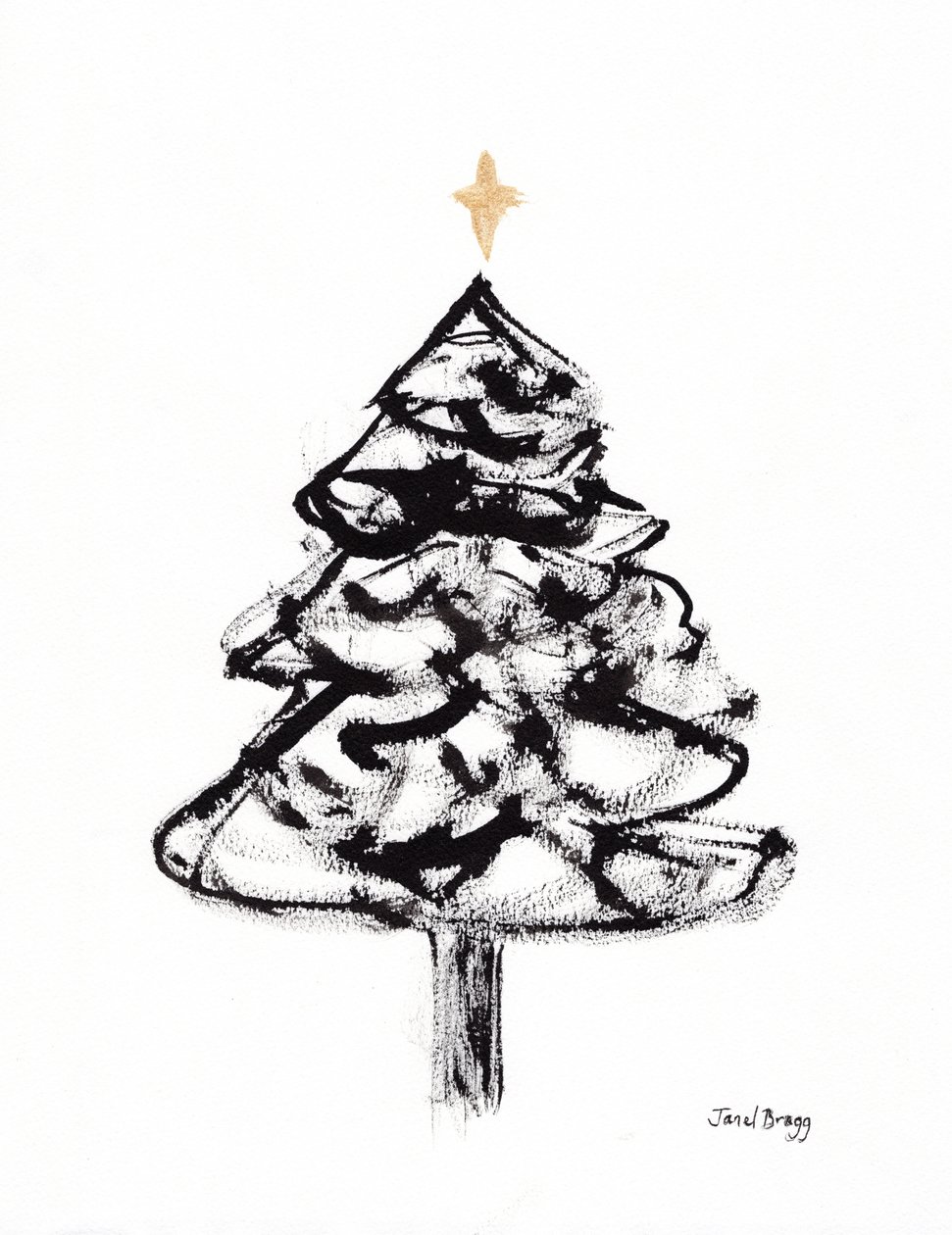Juletræ med sumi-blæk og guldkors, ca. 2021 (sumi-blæk og akvarel på papir) af Janel Bragg