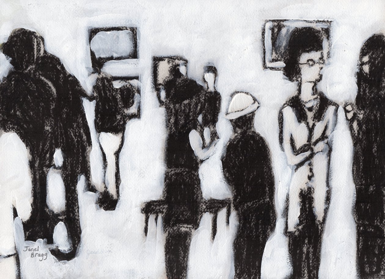 Gallery Opening In Charcoal and Gesso, ca. 2017 (trækul og gesso på papir) af Janel Bragg