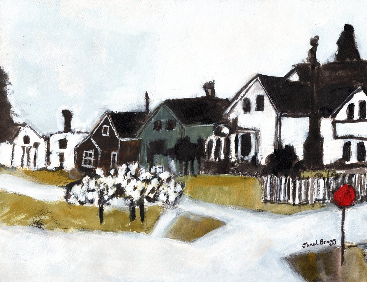 Houses on 7th Street, ca. 2020 (akvarel, kasein og kul på papir) af Janel Bragg