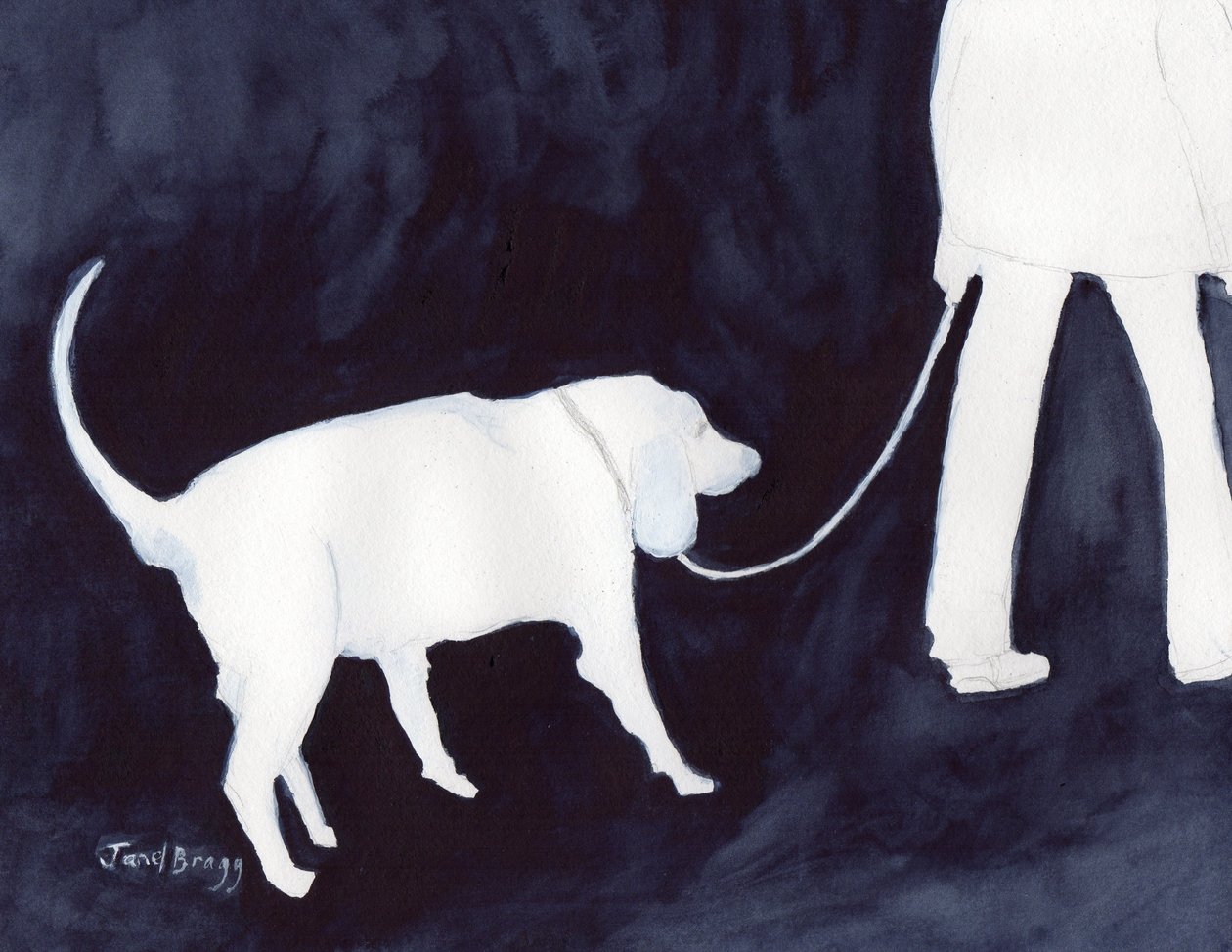 Man Walking his Dog in Indigo II, ca. 2018 (akvarel og blyant på papir) af Janel Bragg