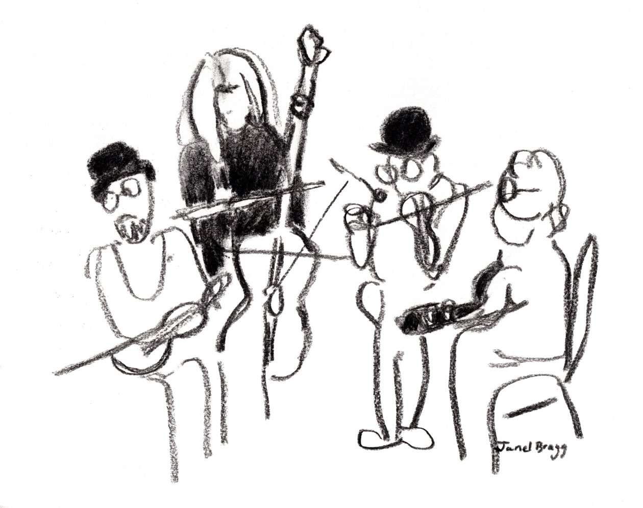 Musikere ved den victorianske festival, ca. 2021 (kul på papir) af Janel Bragg