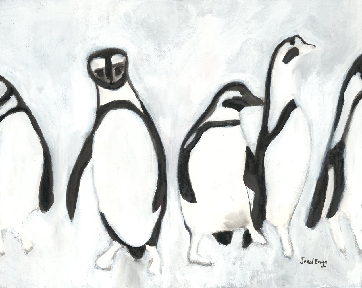 Penguins at Woodland Park Zoo, ca. 2021 (sumi-blæk og gesso på papir) af Janel Bragg