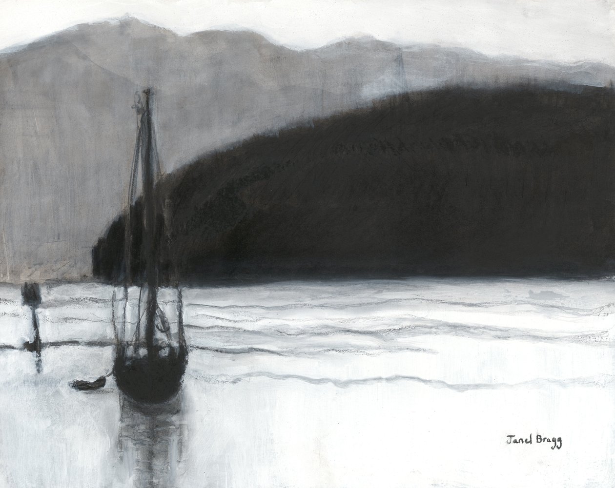 Sailboat in Anacortes Harbor, ca. 2021 (kul, blæk og gesso på papir) af Janel Bragg