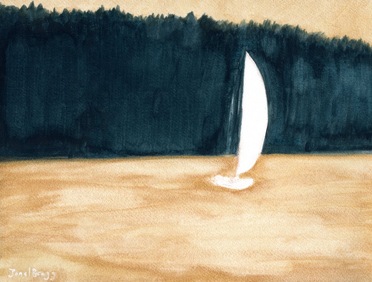 Sejlbåd i Guemes Channel, ca. 2024 (akvarel på papir) af Janel Bragg