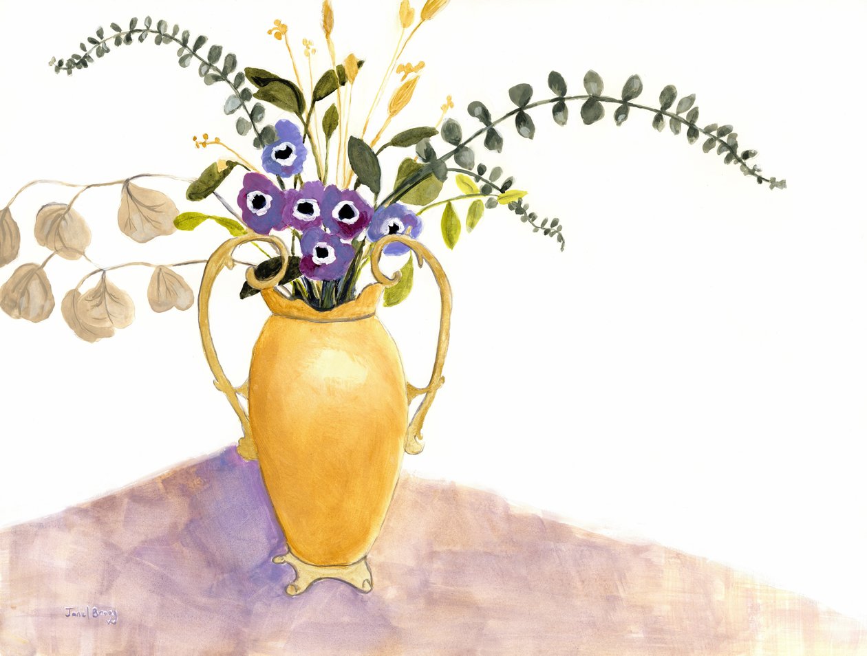 Stilleben med lilla blomster og engelsk vase, ca. 2024 (vandteknik på papir) af Janel Bragg