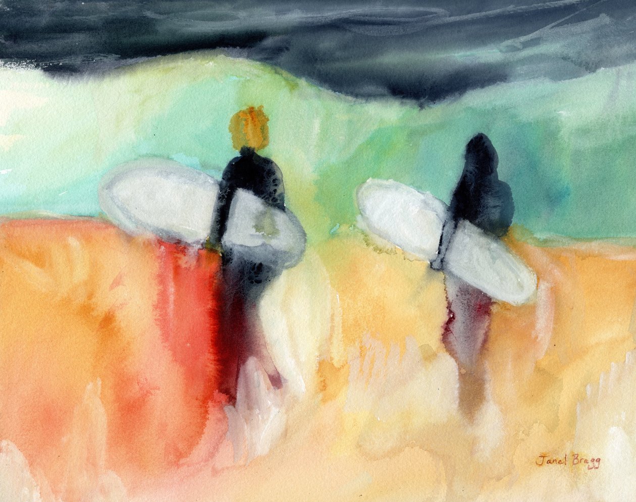 Surfers at Hanalei Bay, ca. 2019 (akvarel og kasein på papir) af Janel Bragg