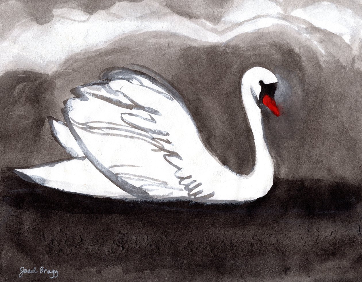 Svane på stormfuld sø, 2023 (sumi-blæk på papir) af Janel Bragg