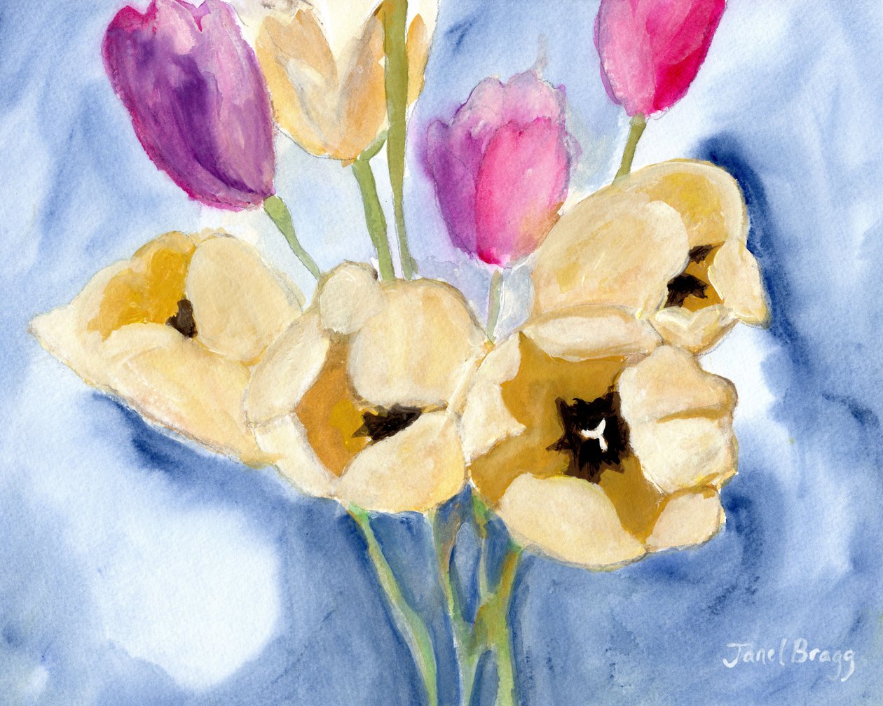 Tulipaner på mors spisebord, ca. 2016 (kasein og akvarel på papir) af Janel Bragg