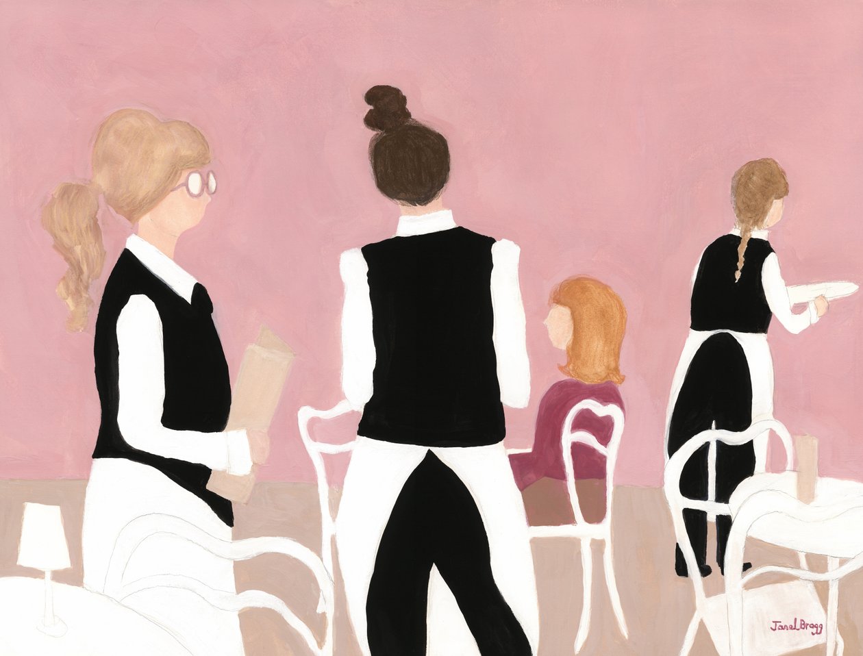 Servitricer fra Cafe Sabarsky i pink og beige, ca. 2024 (vandteknik på papir) af Janel Bragg