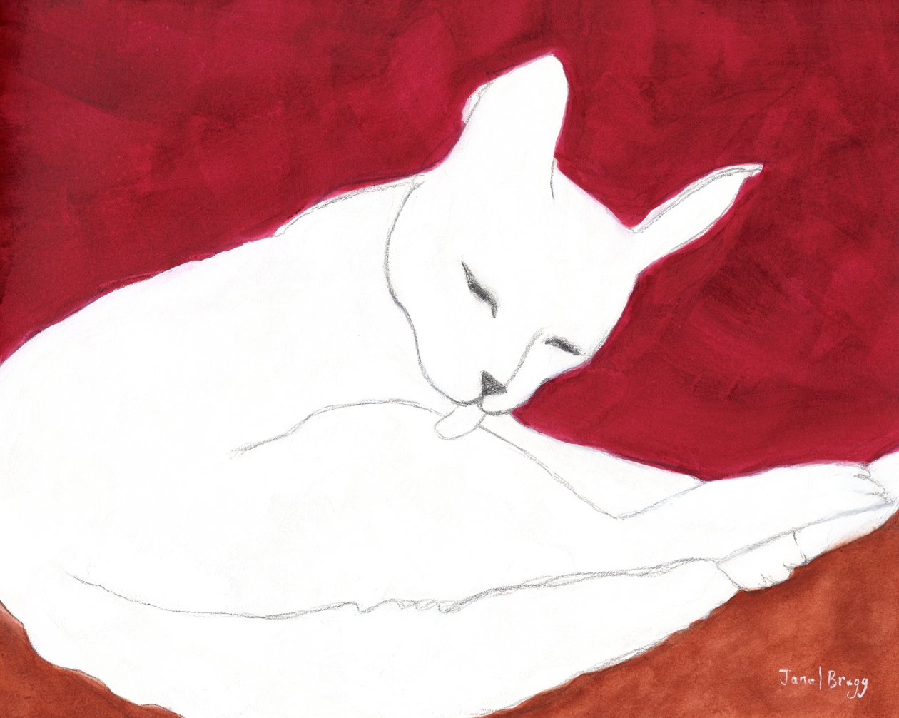 White Cat with Russet and Rose, ca. 2024 (blyant, akvarel og kasein på papir) af Janel Bragg