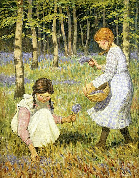 Plukke blåklokker (olie på lærred) af Janet Fisher