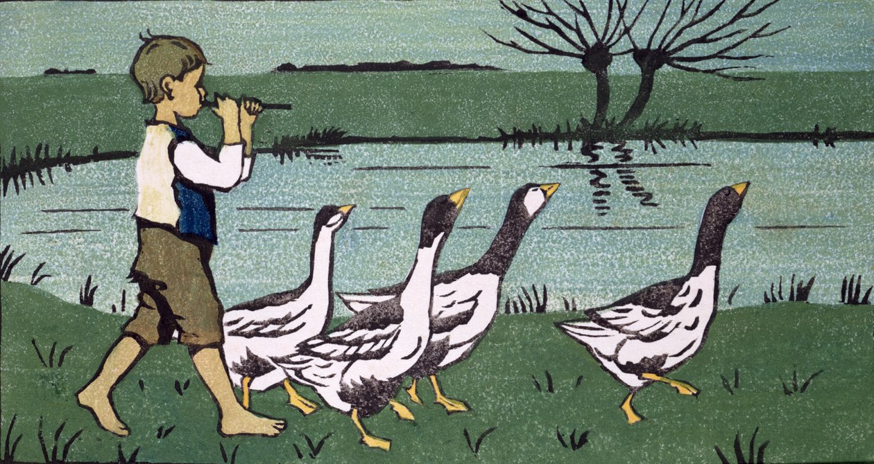 Processionen (træsnit på papir) af Janet Fisher