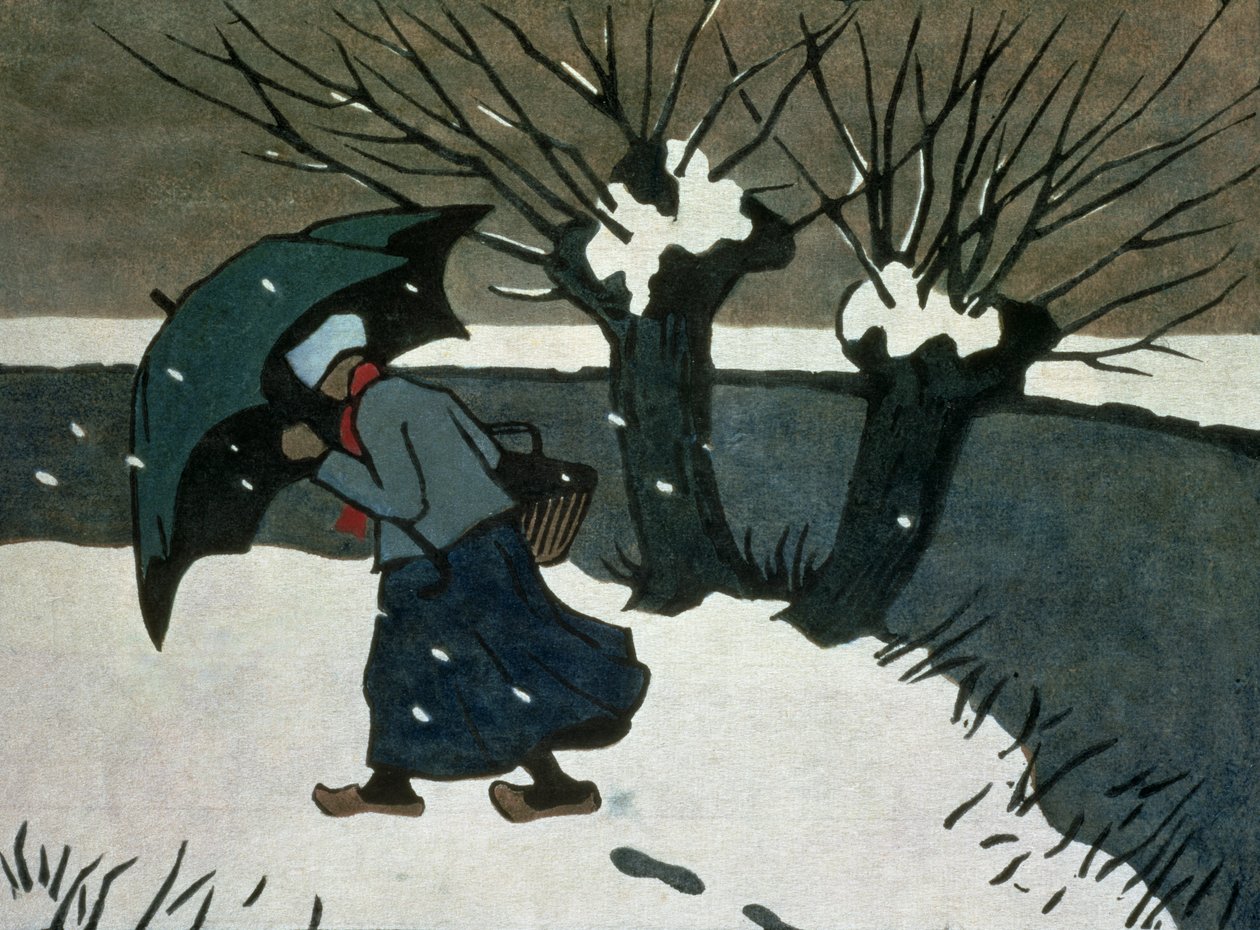 Snestormen (træsnit på papir) af Janet Fisher